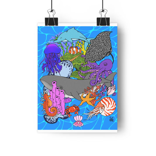 World Ocean Day - Giclée Art Print — Colorful Ocean Creature Poster (Shark, Octopus, Jellyfish)